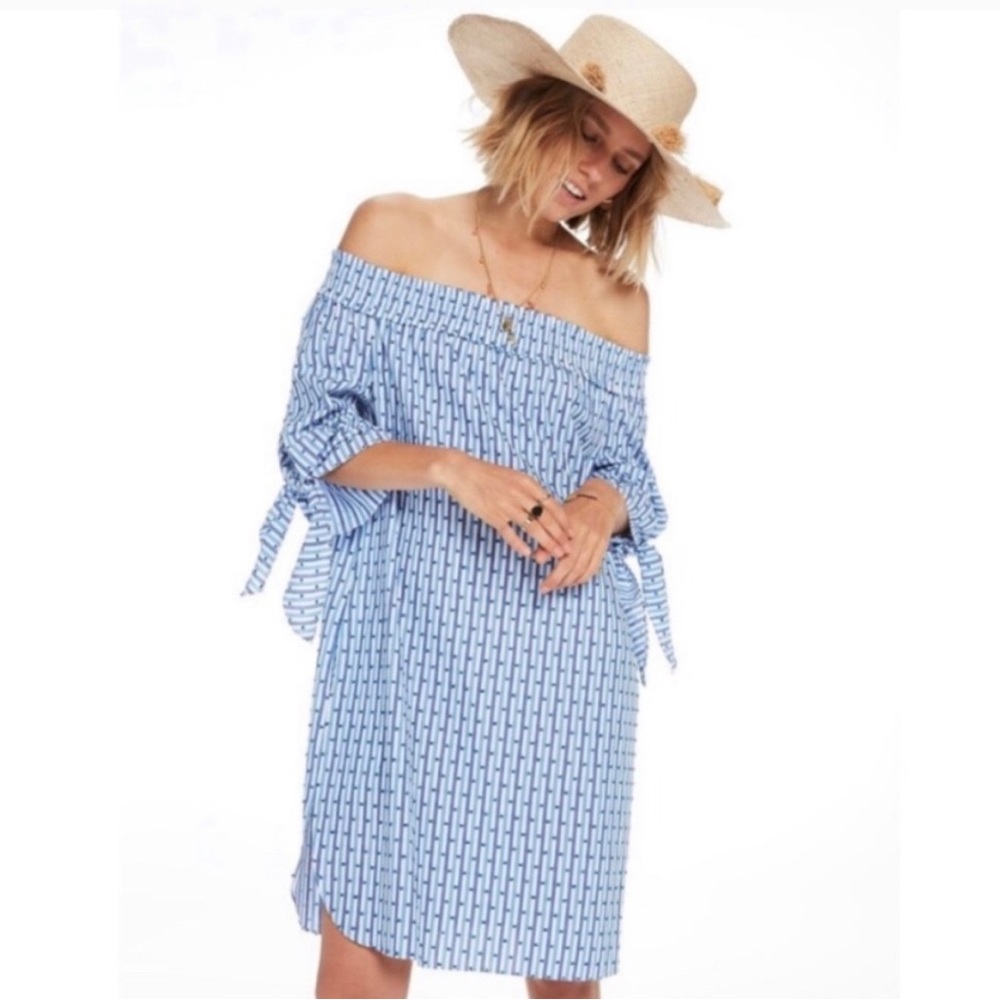 Scotch & Soda Off the Shoulder Blue and White Striped Mini Shift Dress, Small